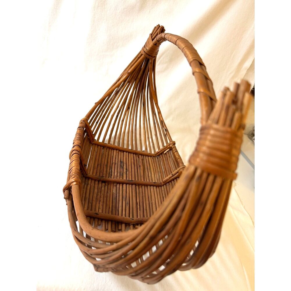 Vintage Rattan reed  gathering basket boat shaped